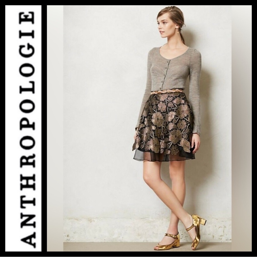 Anthropologie Black Floral Metallic Skater Skirt